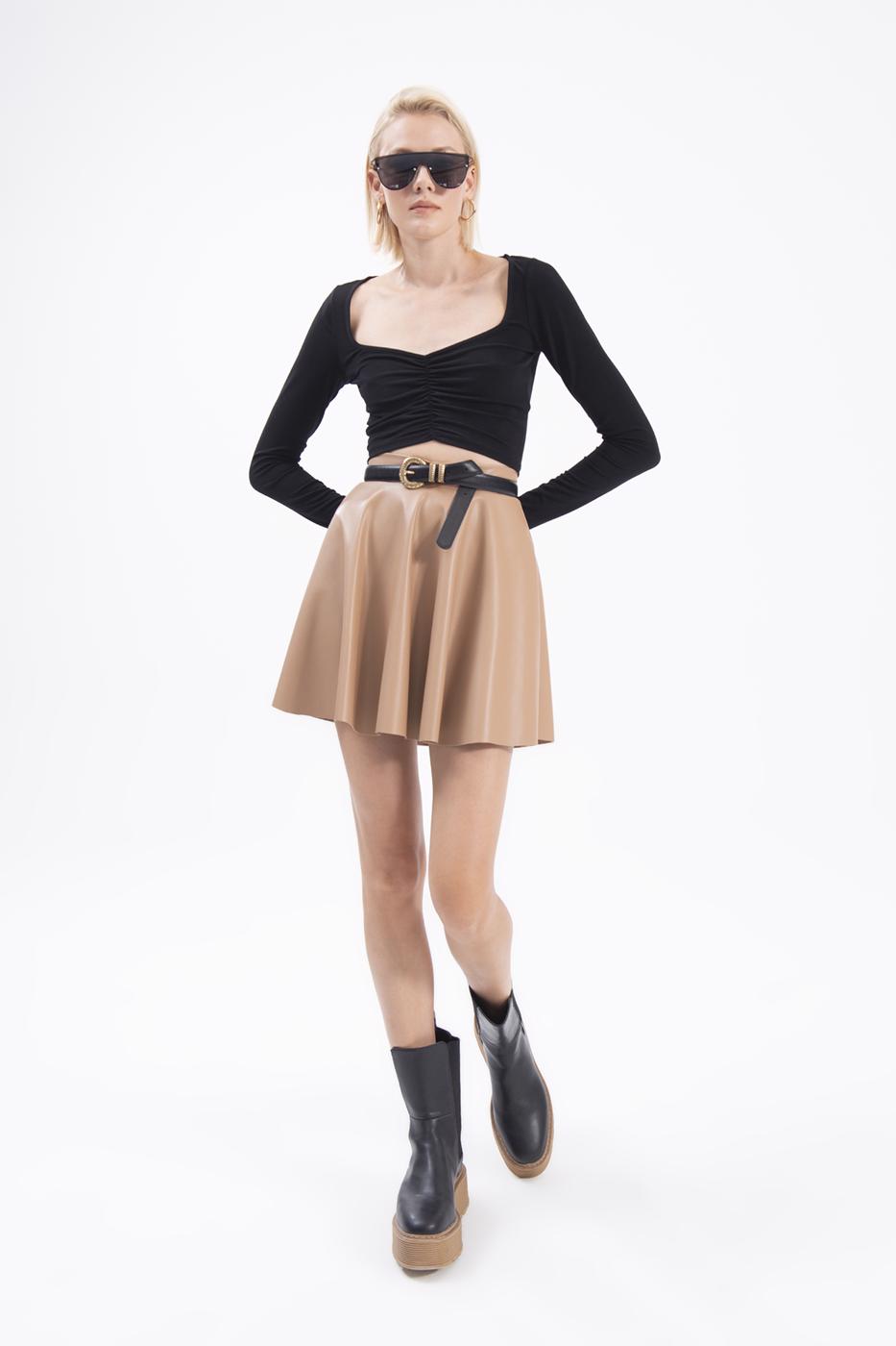 Bayan Camel Kloş Suni Deri Mini Etek