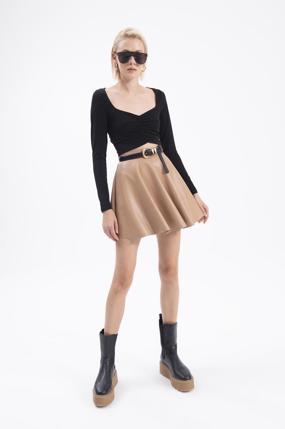 Bayan Camel Kloş Suni Deri Mini Etek