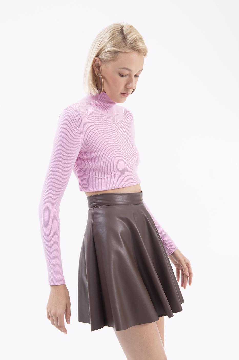 Bayan Kahverengi Kloş Suni Deri Mini Etek