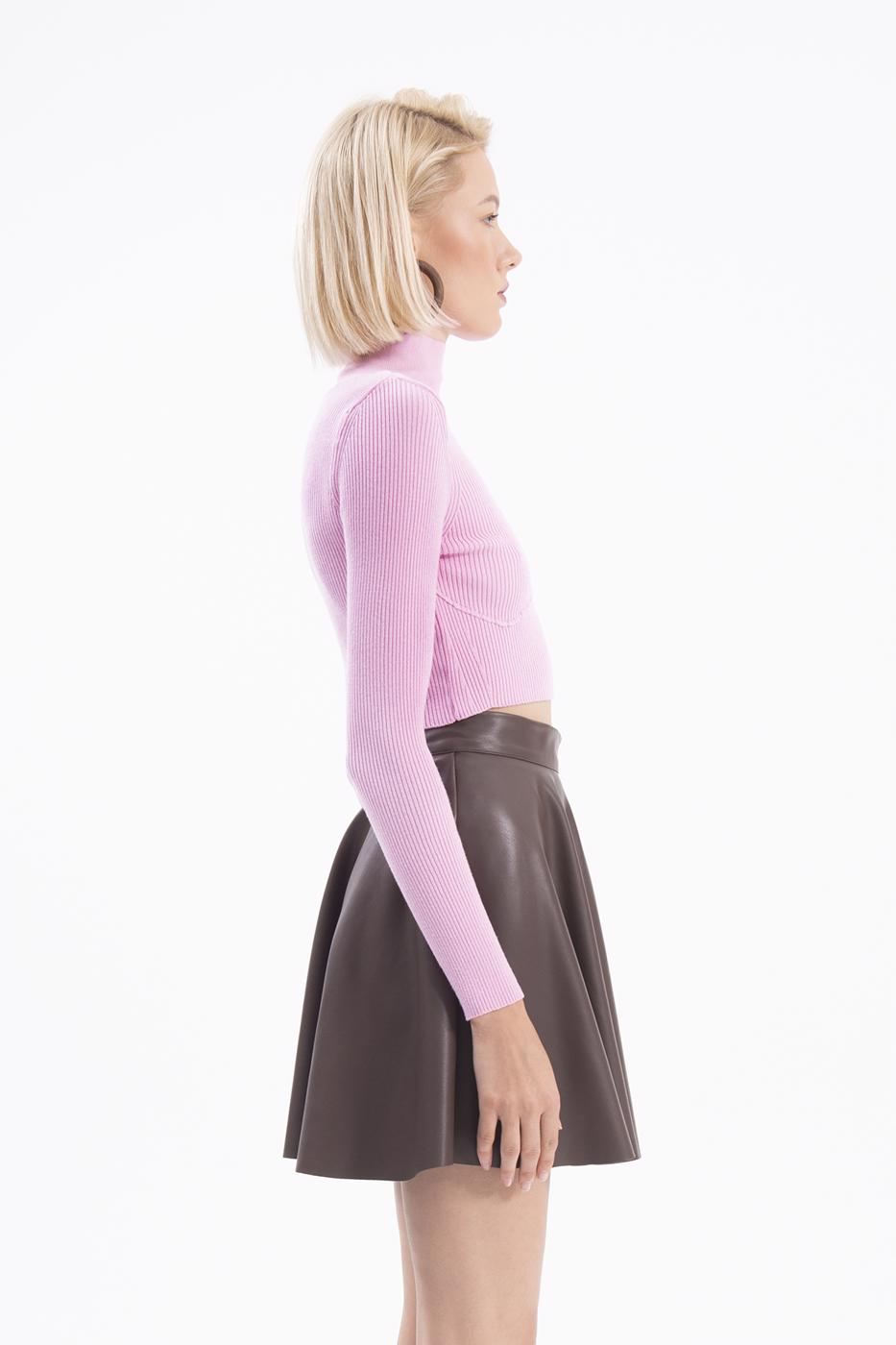 Bayan Kahverengi Kloş Suni Deri Mini Etek