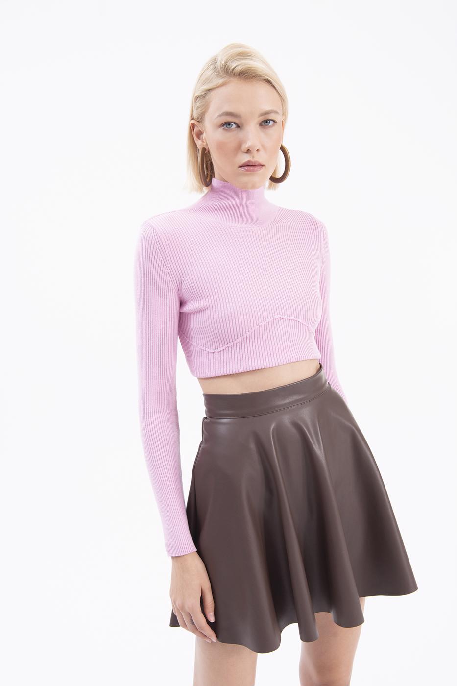 Bayan Kahverengi Kloş Suni Deri Mini Etek