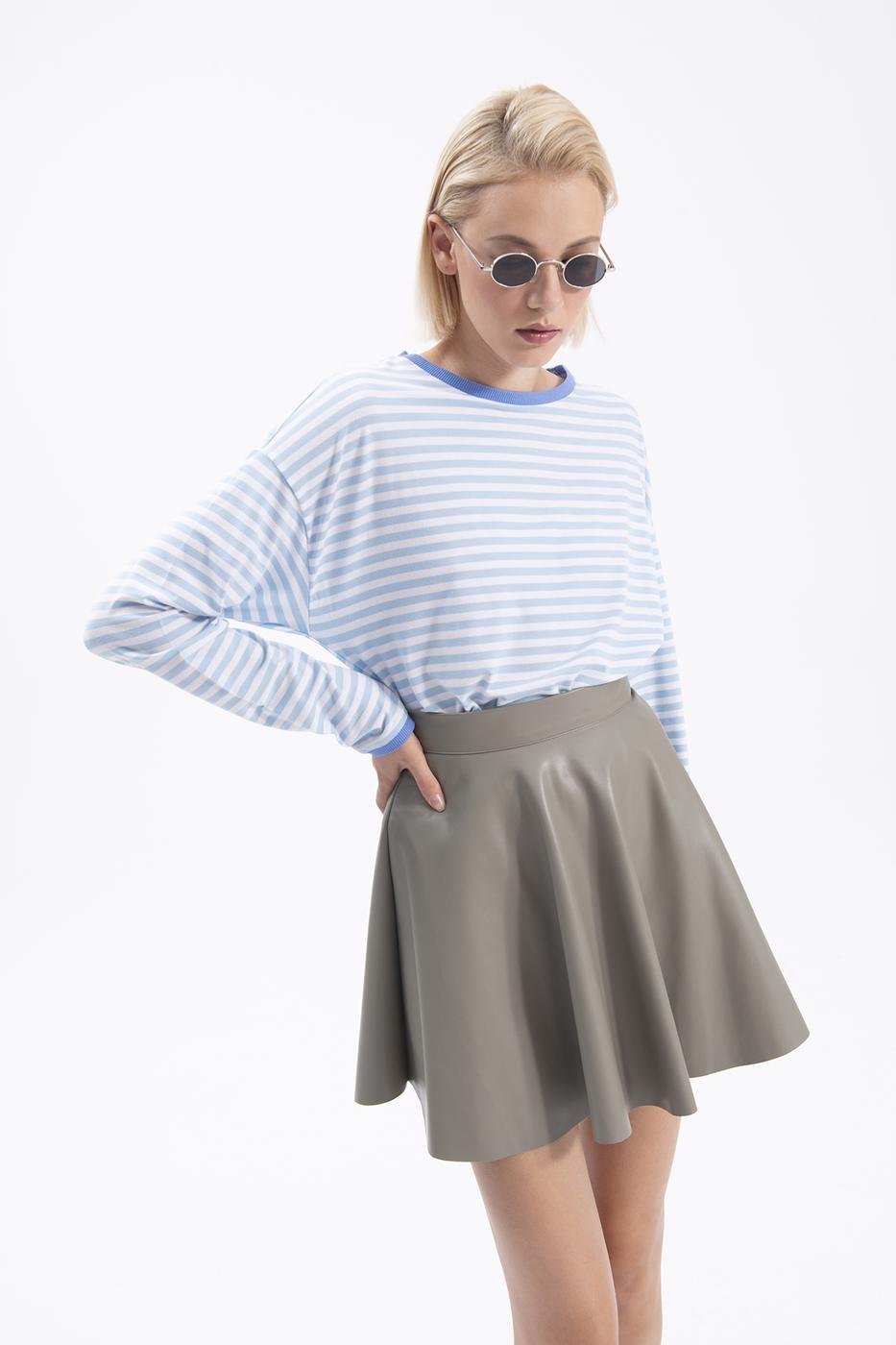 Bayan Yeşil Kloş Suni Deri Mini Etek