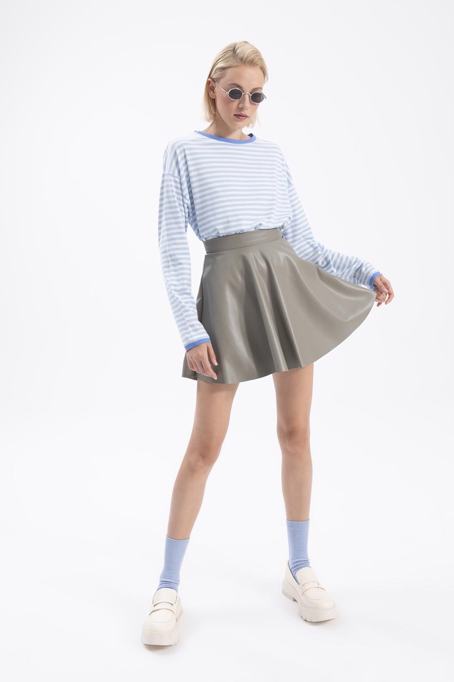 Bayan Yeşil Kloş Suni Deri Mini Etek