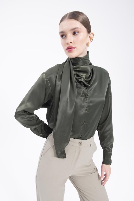 Bayan Haki Yaka Detaylı Saten Gömlek - BSL