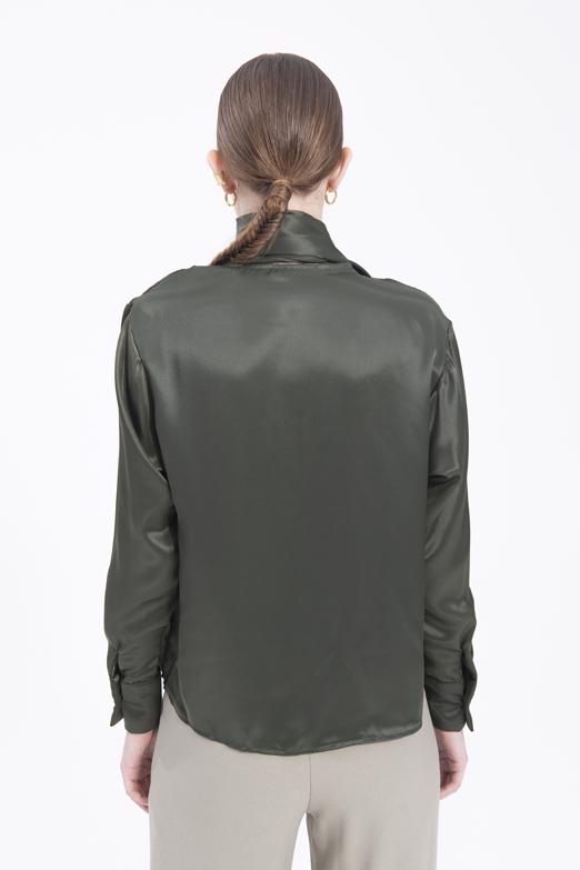 Bayan Haki Yaka Detaylı Saten Gömlek - BSL