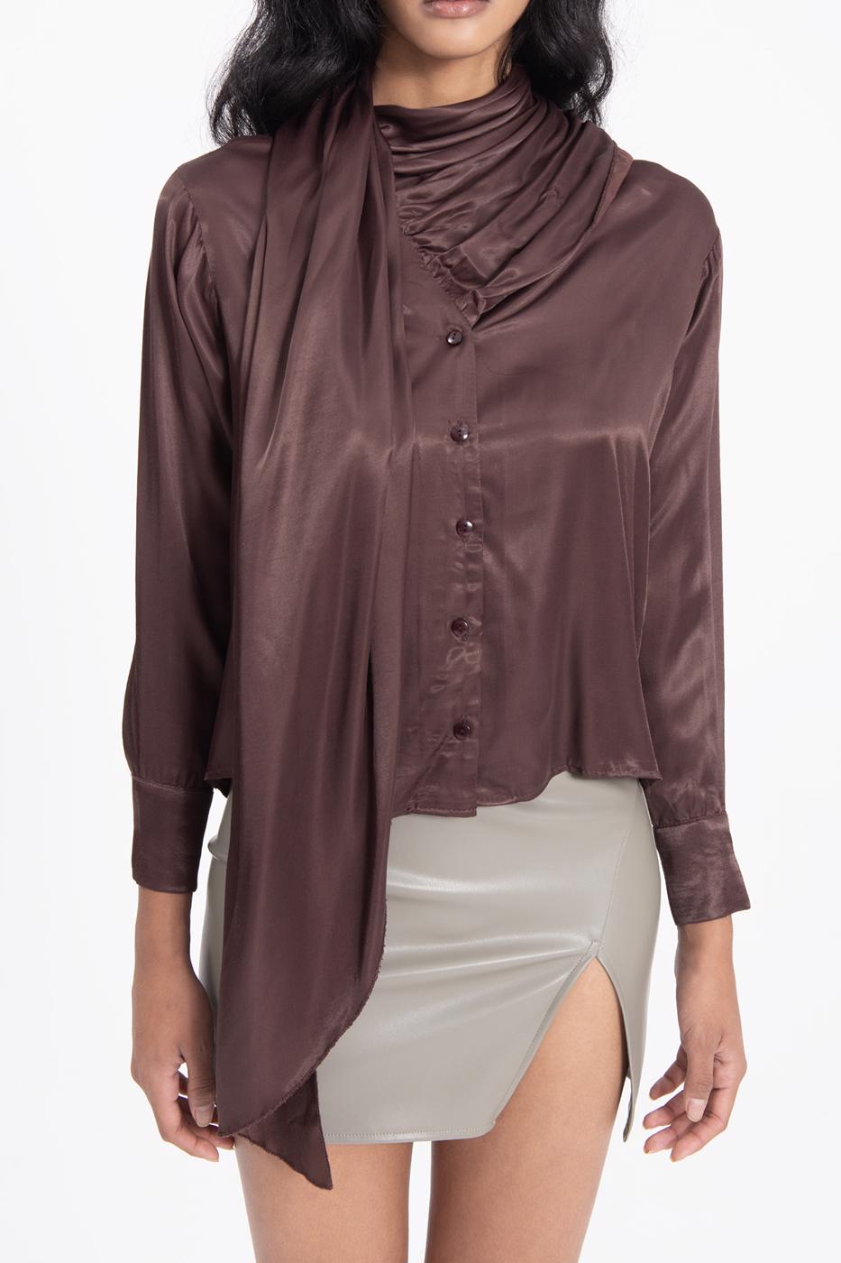 Bayan Kahverengi Yaka Detaylı Saten Gömlek