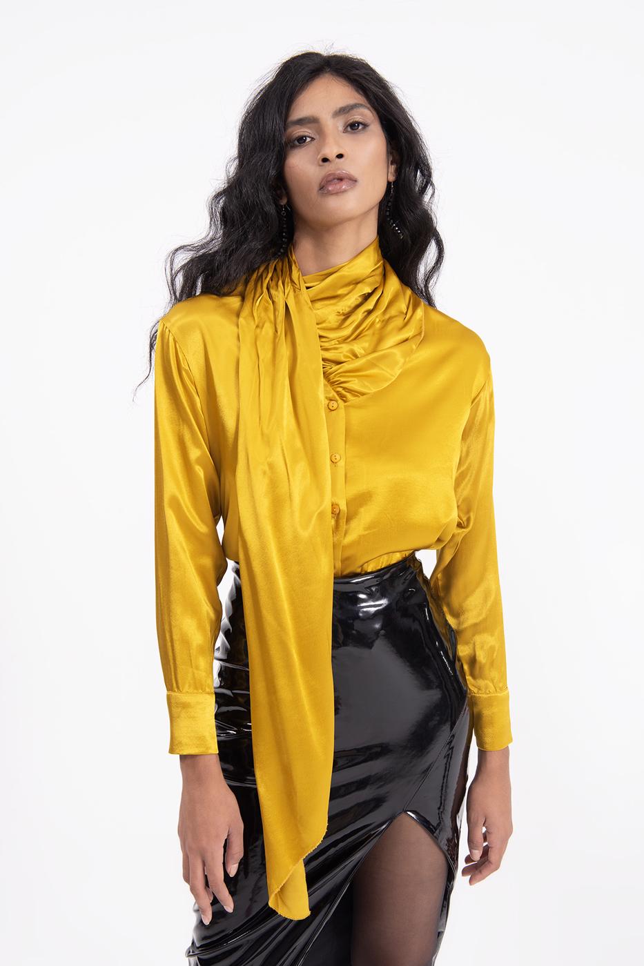 Bayan Sarı Yaka Detaylı Saten Gömlek
