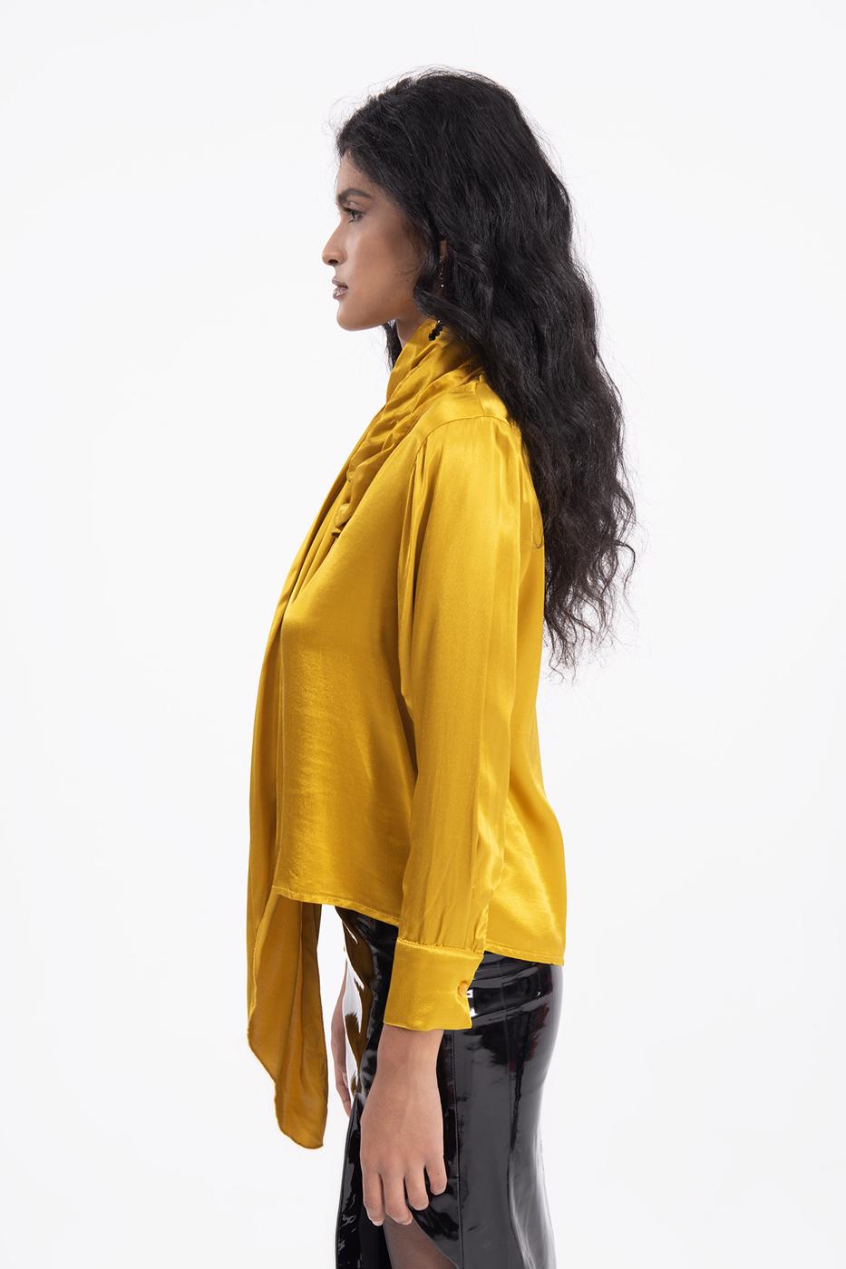 Bayan Sarı Yaka Detaylı Saten Gömlek