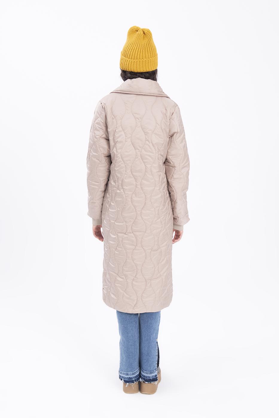 Bayan Bej Şal Yaka Kapitone Şişme Kaban