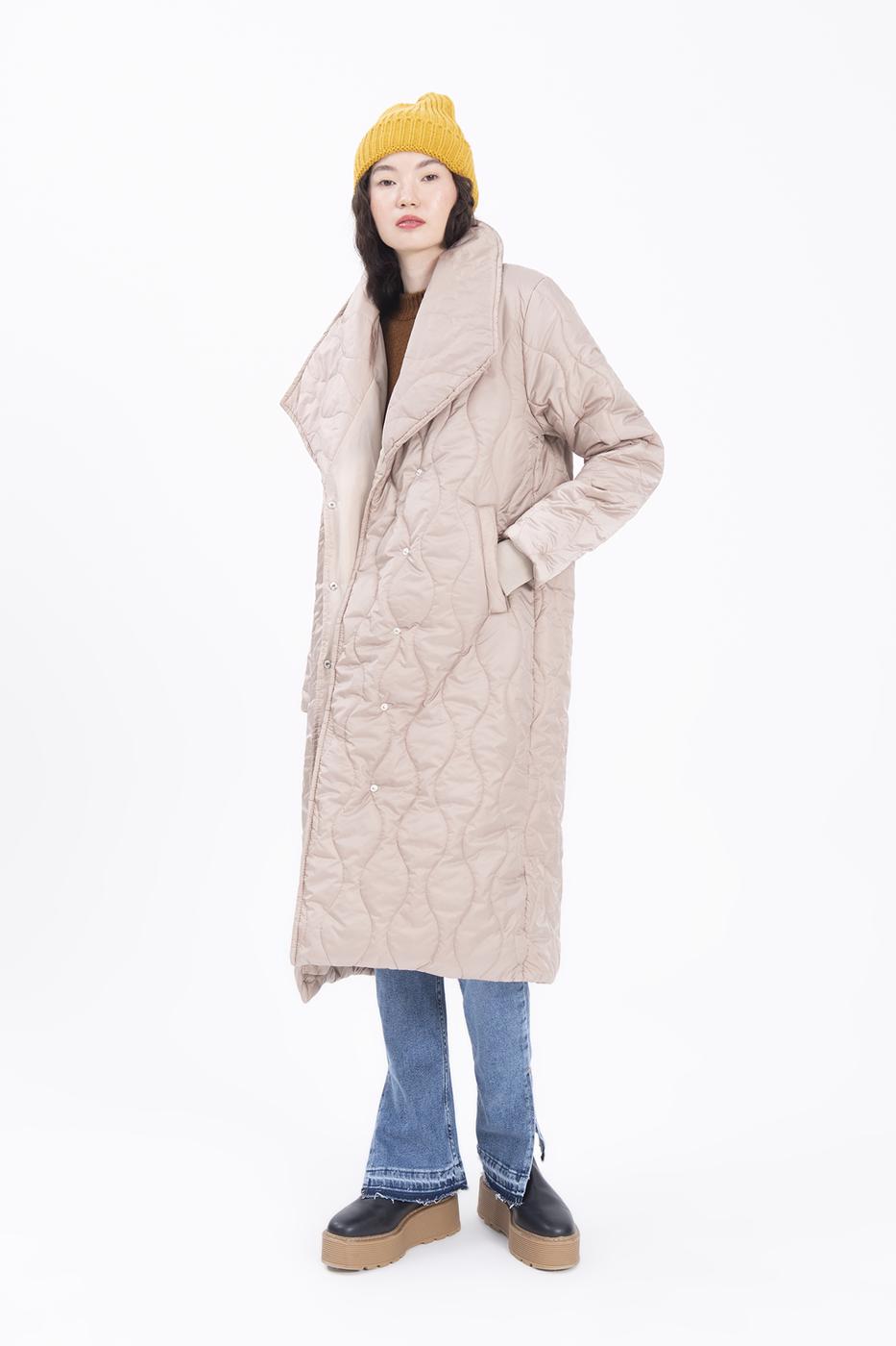 Bayan Bej Şal Yaka Kapitone Şişme Kaban