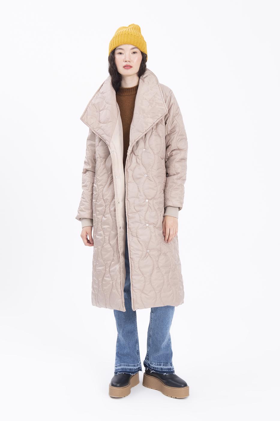 Bayan Bej Şal Yaka Kapitone Şişme Kaban