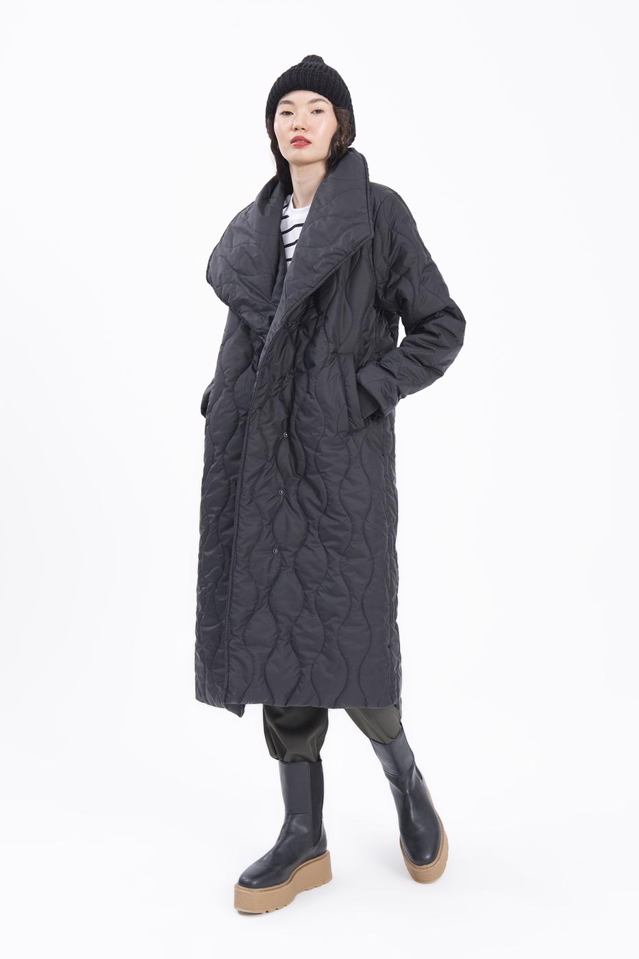 Bayan Siyah Şal Yaka Kapitone Şişme Kaban