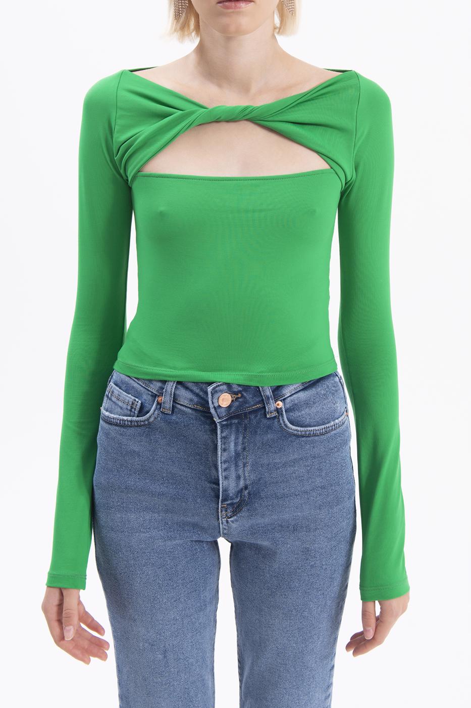 Bayan Yeşil Yaka Burgulu Top