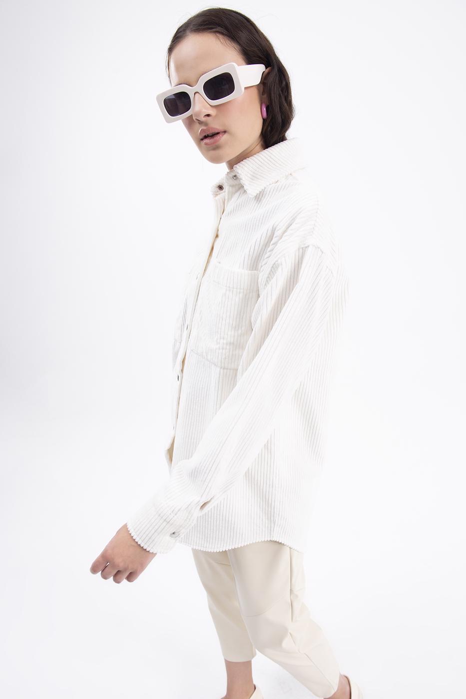 Bayan Ekru Fitilli Kadife Gömlek Ceket