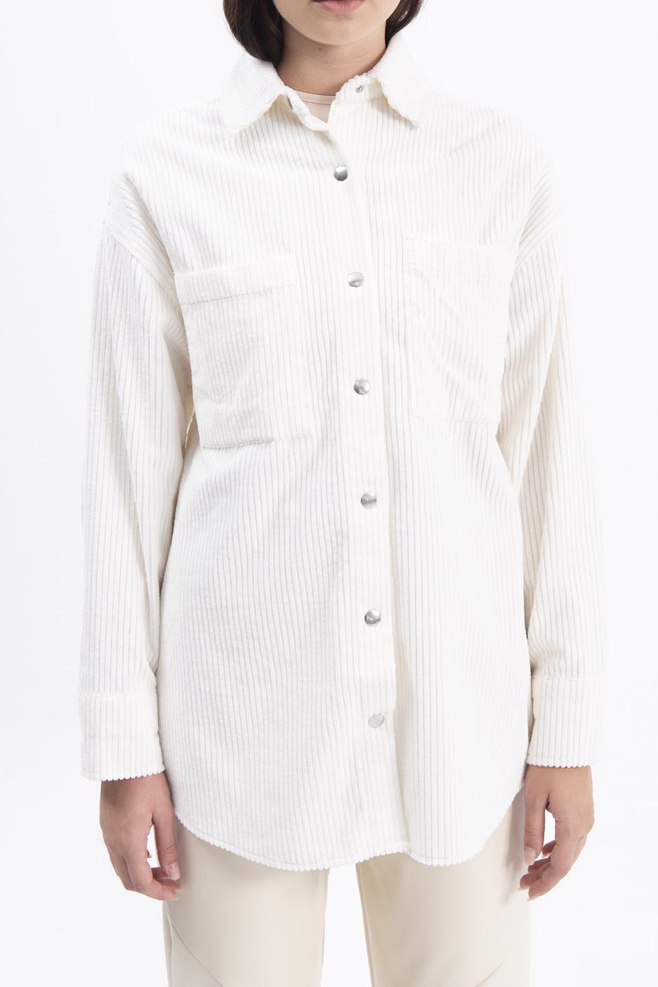 Bayan Ekru Fitilli Kadife Gömlek Ceket