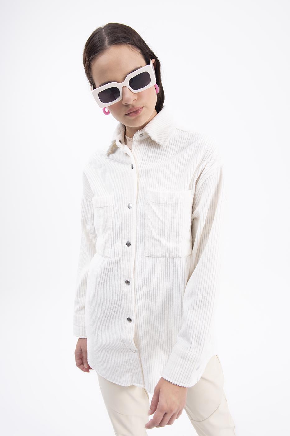 Bayan Ekru Fitilli Kadife Gömlek Ceket