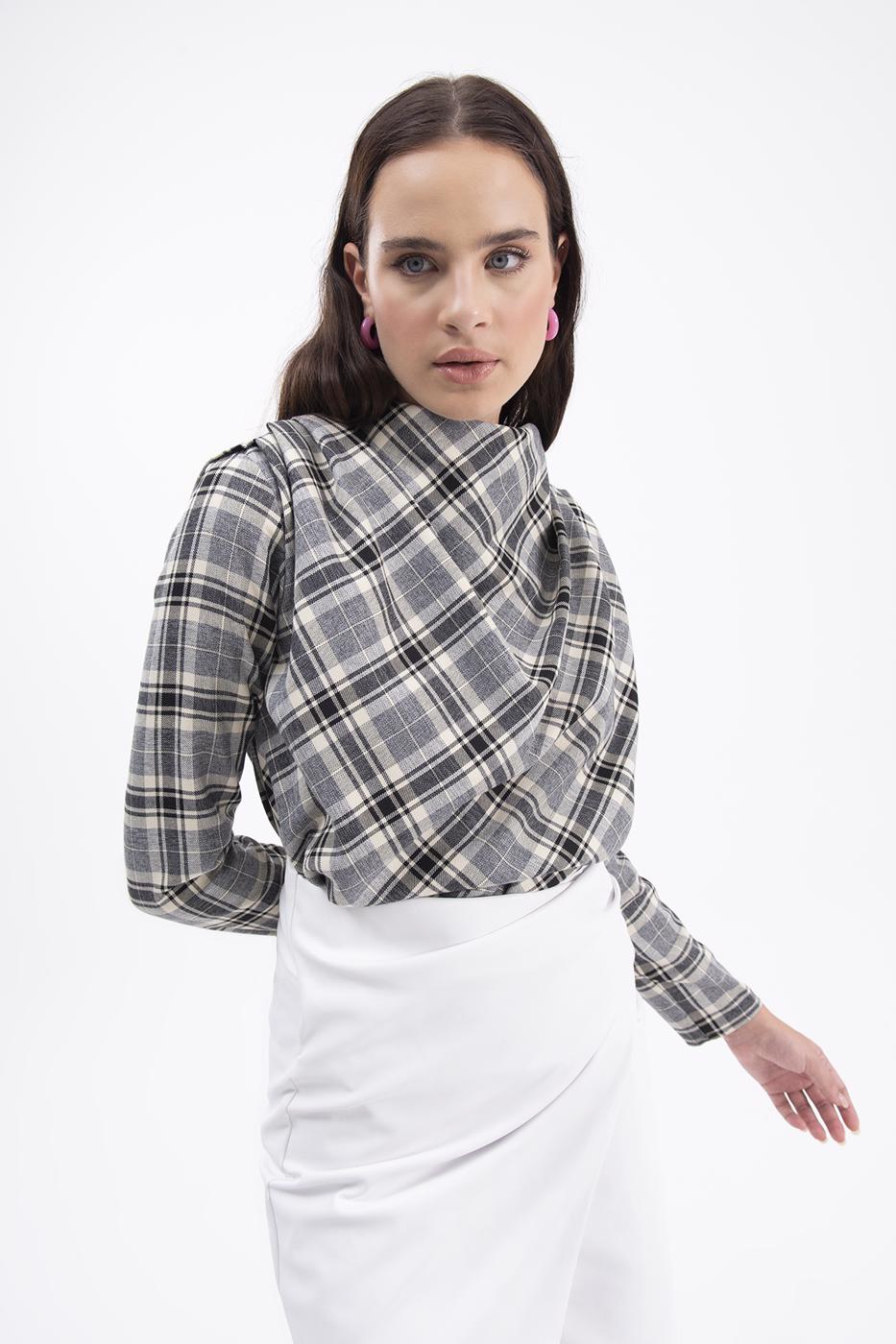 Bayan Gri Degaje Yakalı Bluz