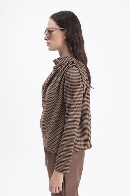 Bayan Kahverengi Degaje Yakalı Bluz - BSL