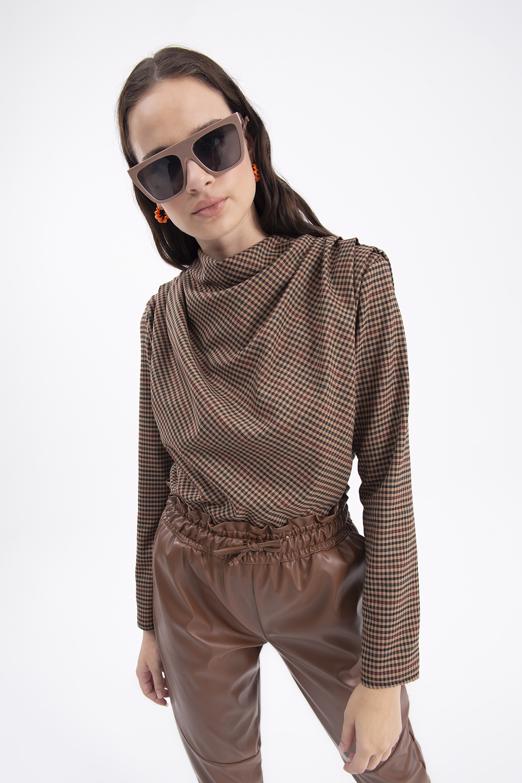 Bayan Kahverengi Degaje Yakalı Bluz - BSL