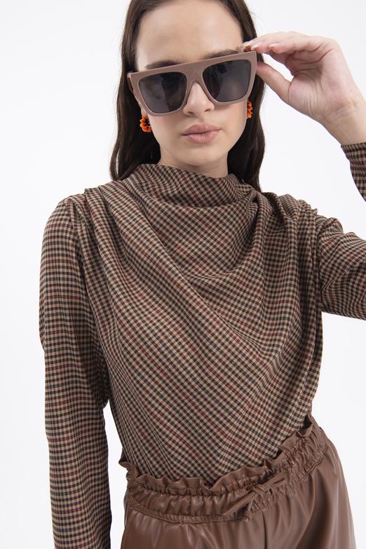 Bayan Kahverengi Degaje Yakalı Bluz - BSL