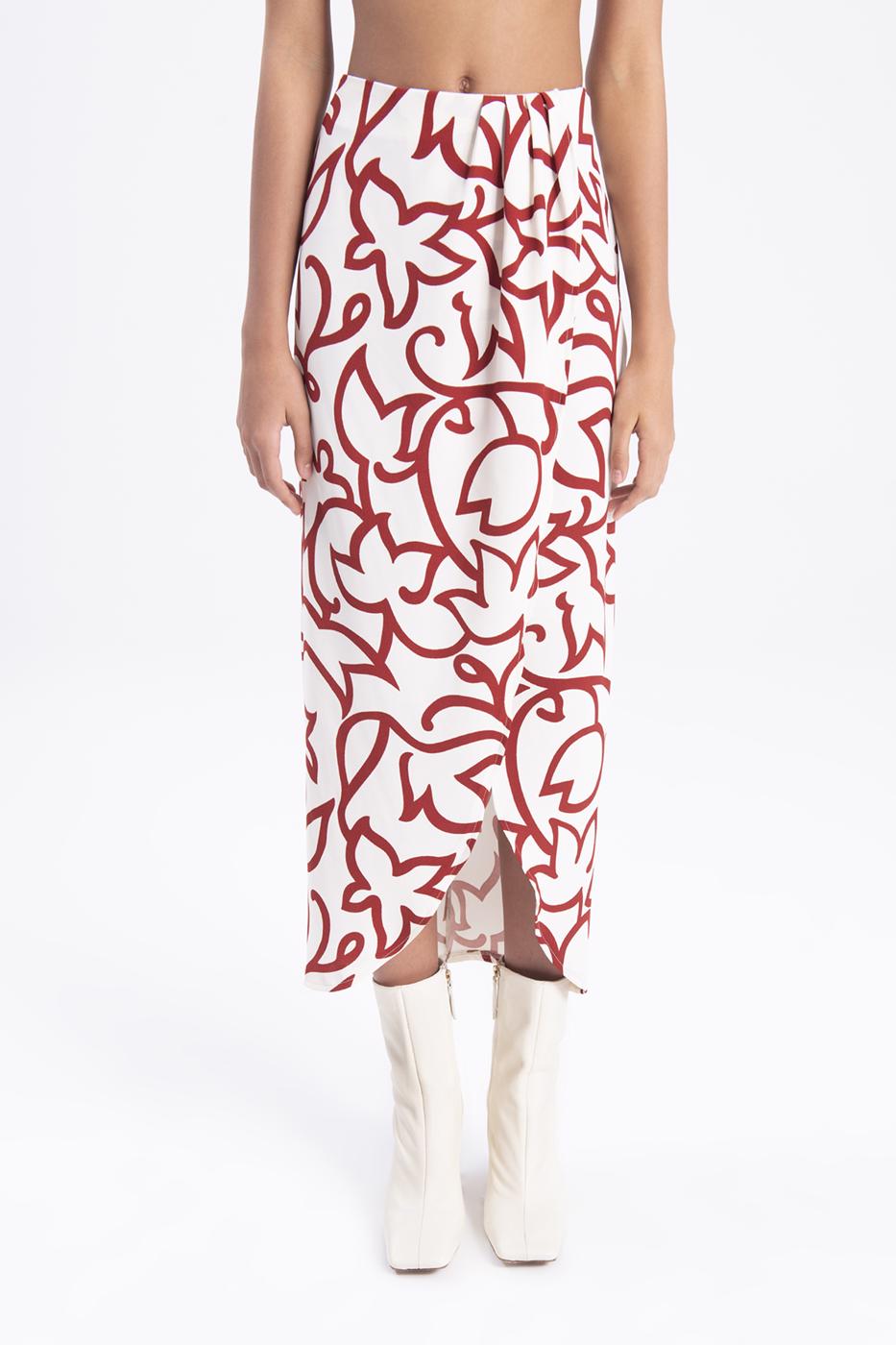 Bayan Ekru Derin Yırtmaç Detaylı Midi Etek