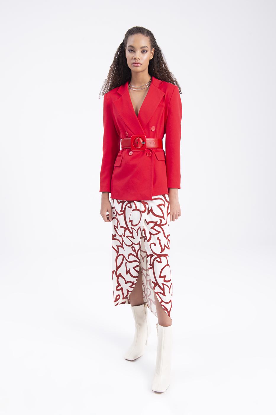 Bayan Ekru Derin Yırtmaç Detaylı Midi Etek