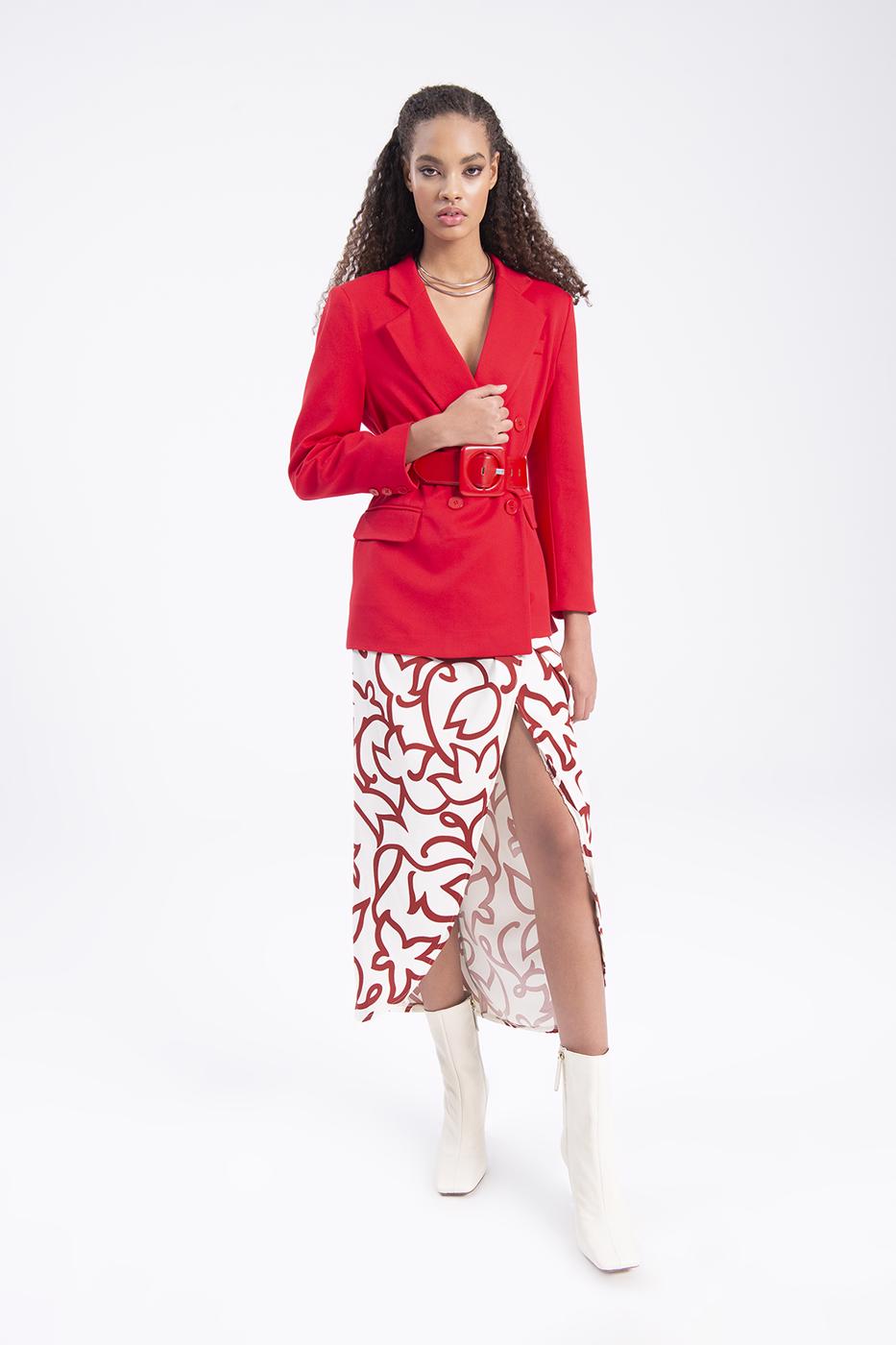 Bayan Ekru Derin Yırtmaç Detaylı Midi Etek