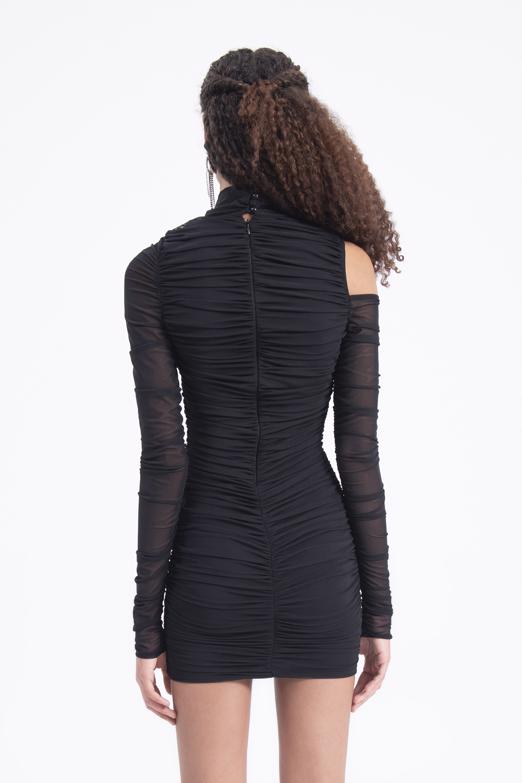 Bayan Siyah Dik Yakalı Drapeli Tül Elbise - BSL