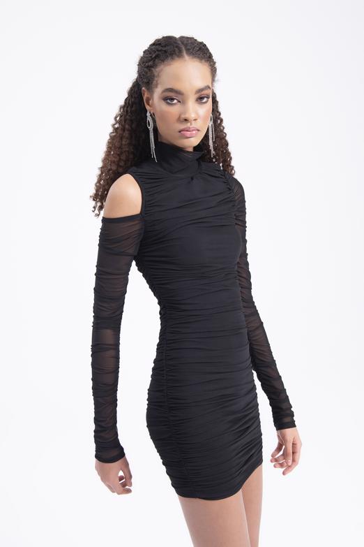 Bayan Siyah Dik Yakalı Drapeli Tül Elbise - BSL