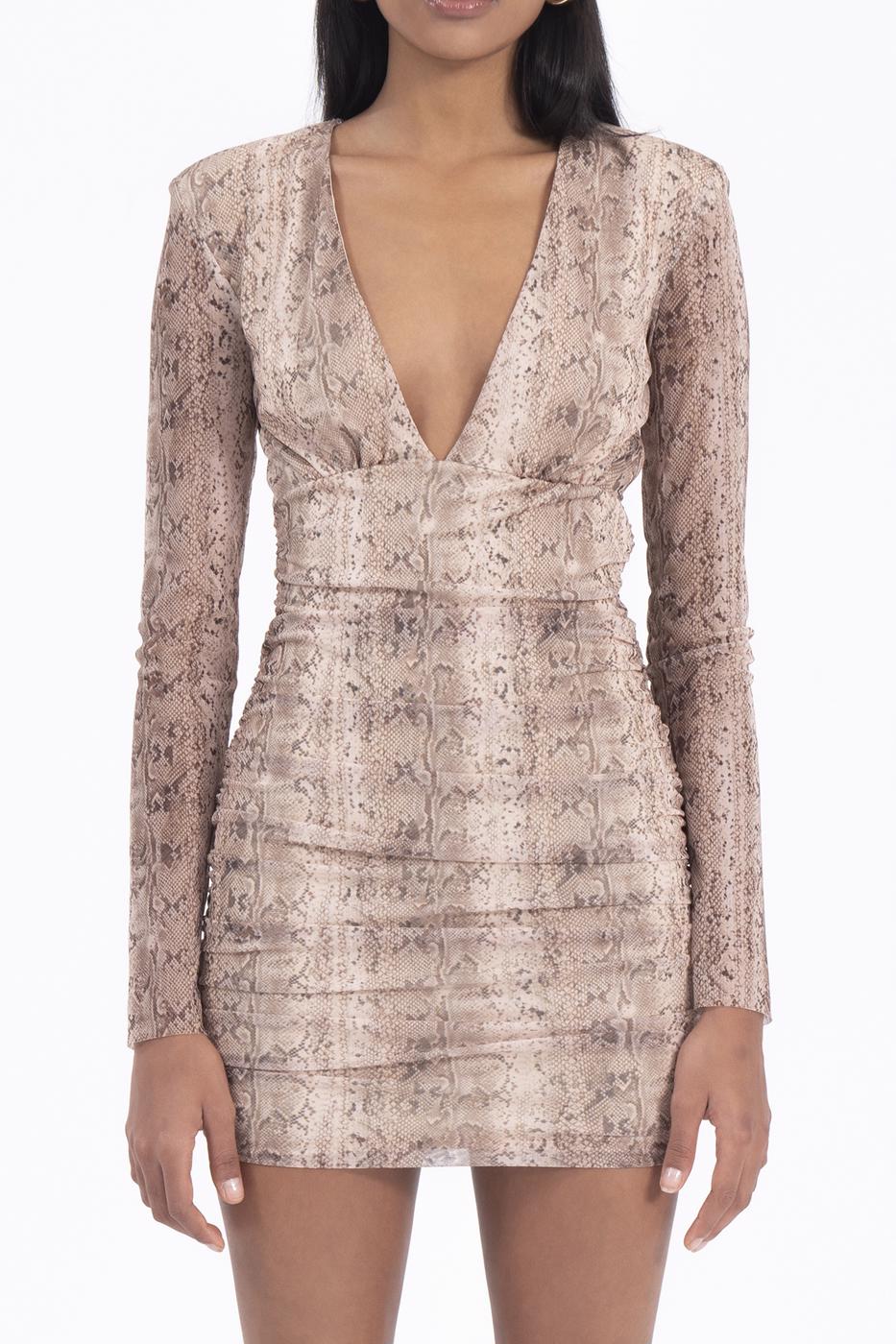 Bayan Bej Derin V Yaka Detaylı Mini Elbise