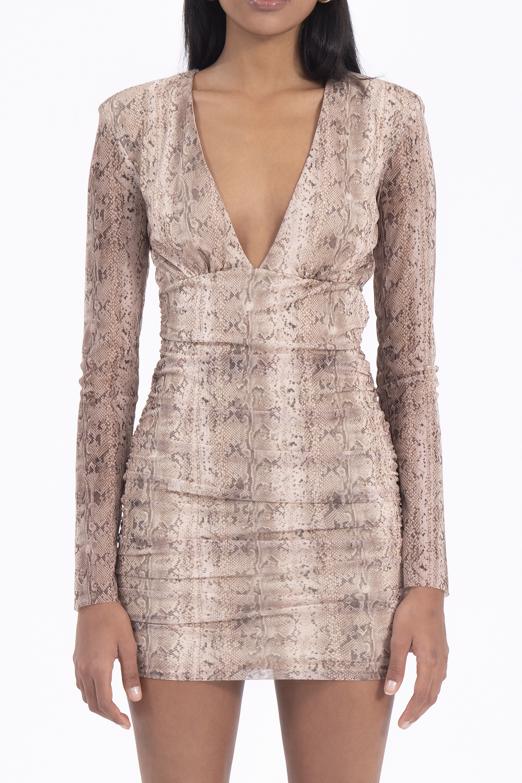 Bayan Bej Derin V Yaka Detaylı Mini Elbise - BSL