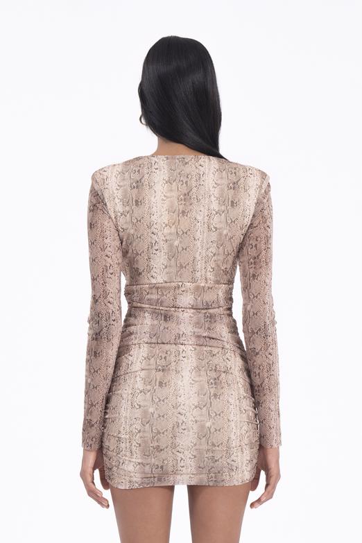 Bayan Bej Derin V Yaka Detaylı Mini Elbise - BSL