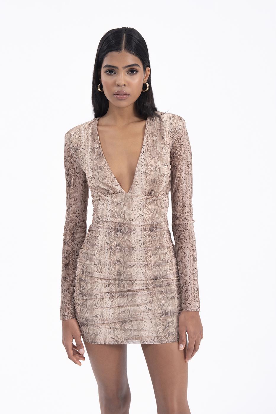 Bayan Bej Derin V Yaka Detaylı Mini Elbise