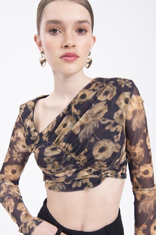 Bayan Siyah Asimetrik Yakalı Crop Top - BSL