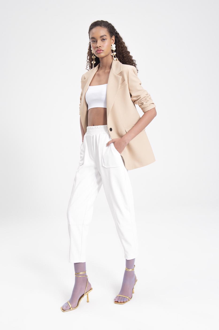 Bayan Ekru Suni Deri Jogger Pantolon