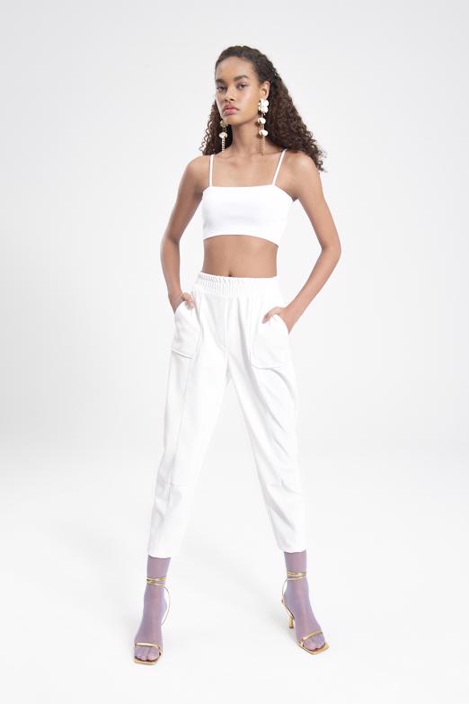 Bayan Ekru Suni Deri Jogger Pantolon - BSL