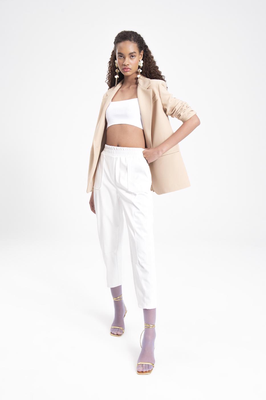 Bayan Ekru Suni Deri Jogger Pantolon