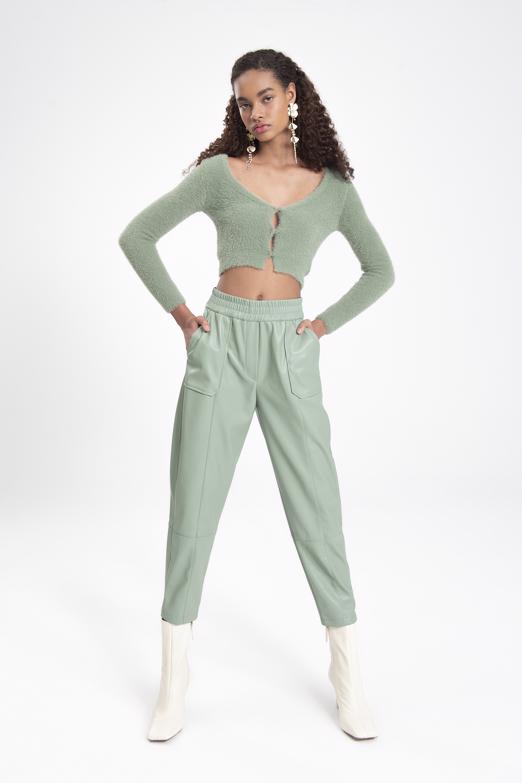 Bayan Yeşil Suni Deri Jogger Pantolon - BSL