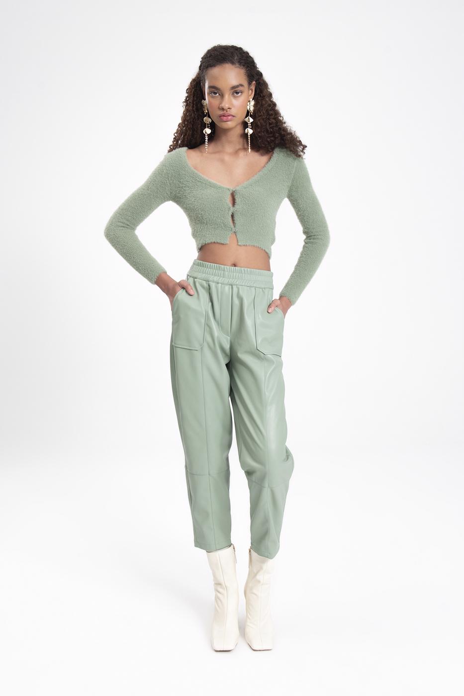 Bayan Yeşil Suni Deri Jogger Pantolon