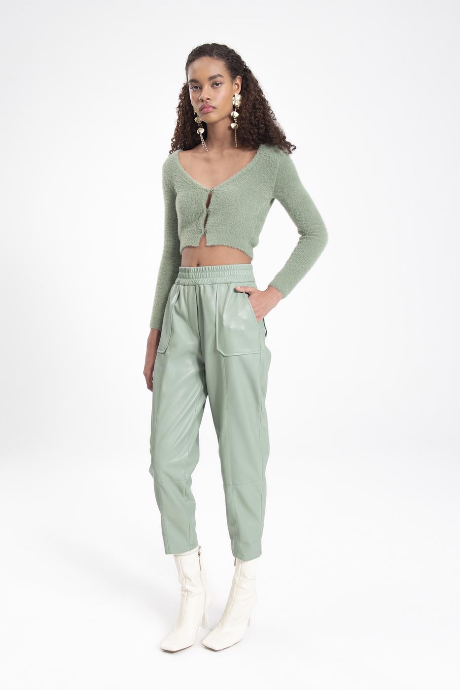 Bayan Yeşil Suni Deri Jogger Pantolon