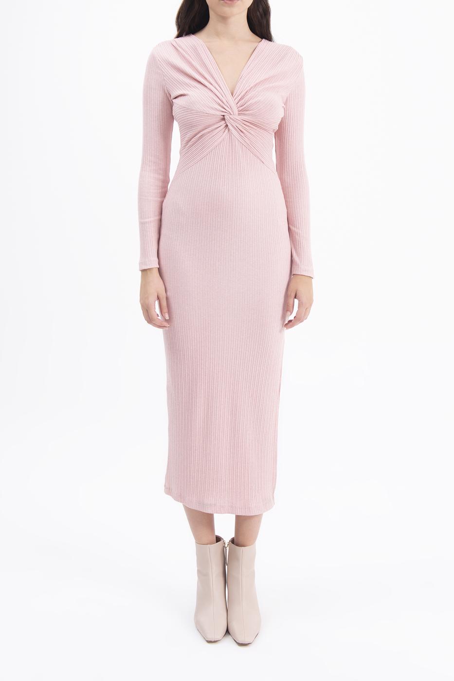 Bayan Pembe V Yakalı Midi Elbise