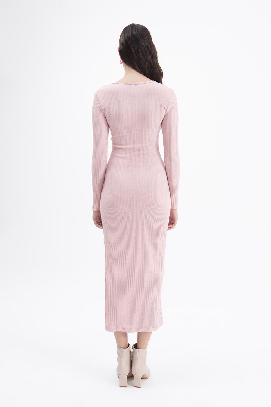 Bayan Pembe V Yakalı Midi Elbise