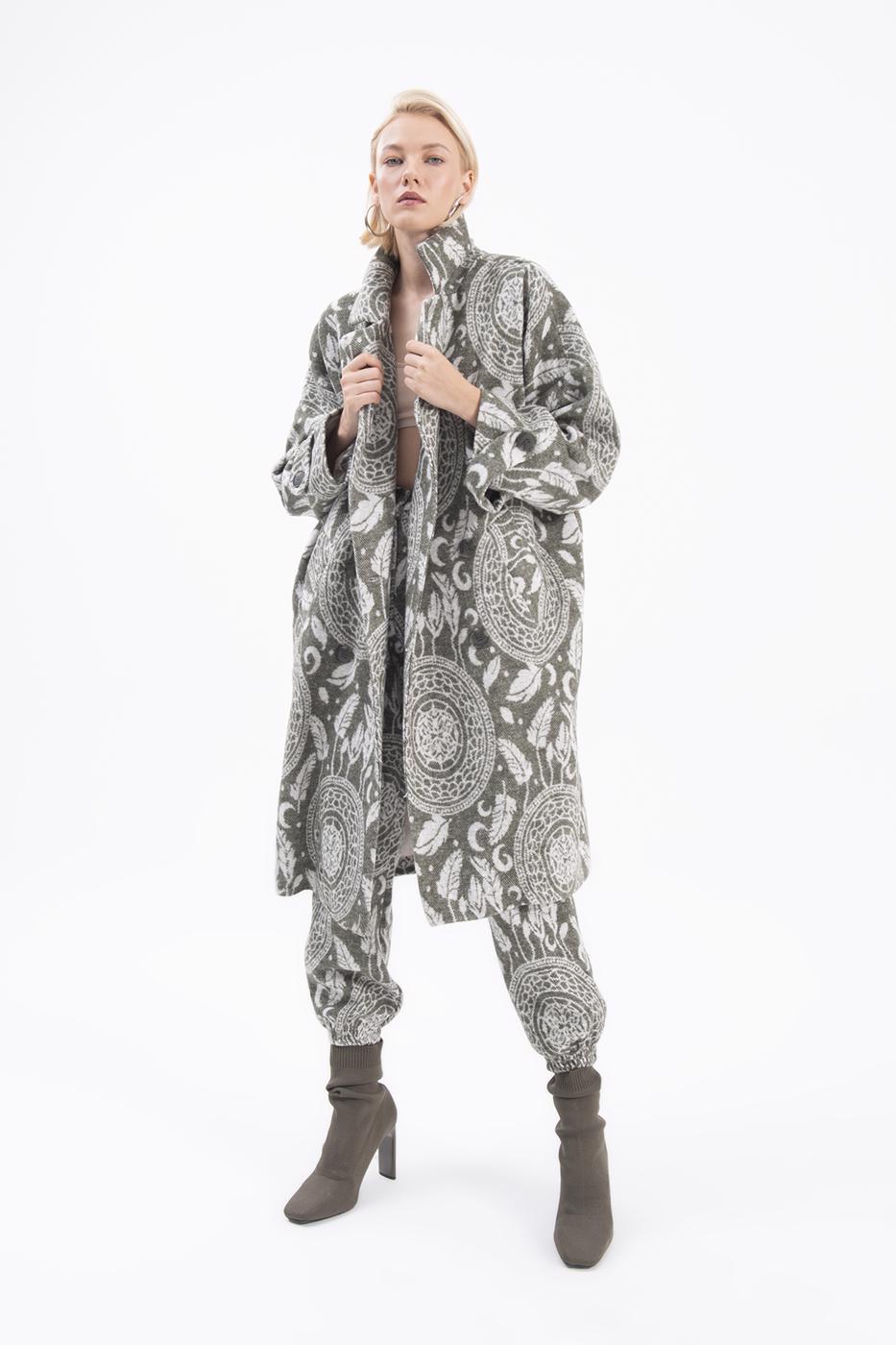 Bayan Haki Ceket Yakalı Desenli Kaban