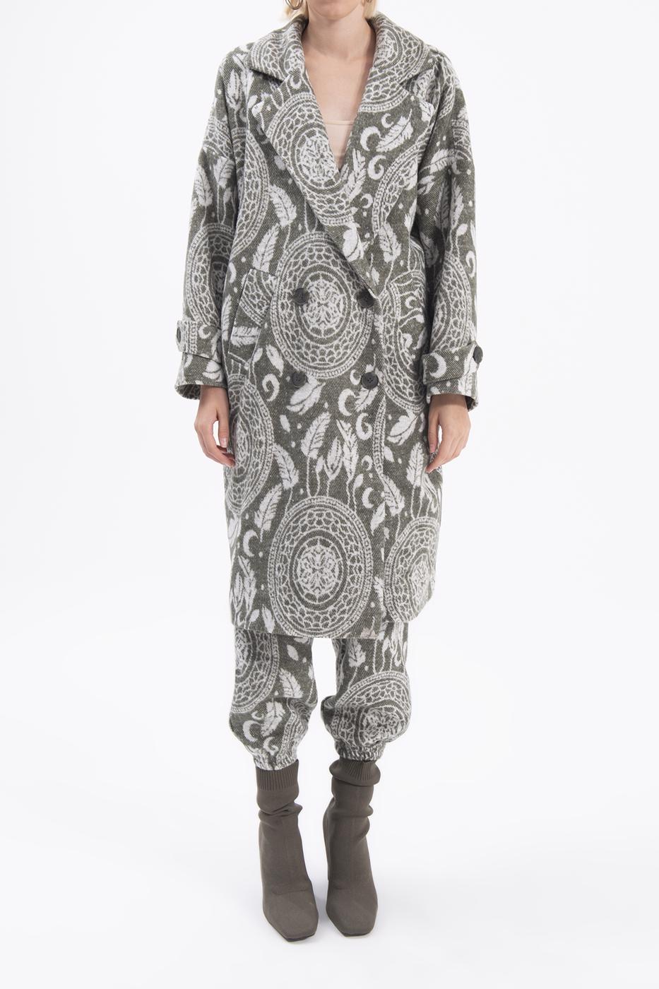 Bayan Haki Ceket Yakalı Desenli Kaban