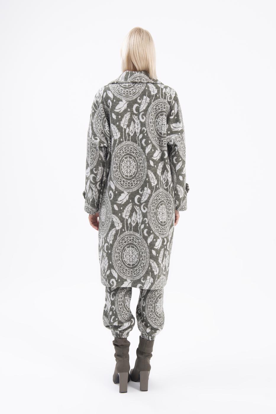 Bayan Haki Ceket Yakalı Desenli Kaban