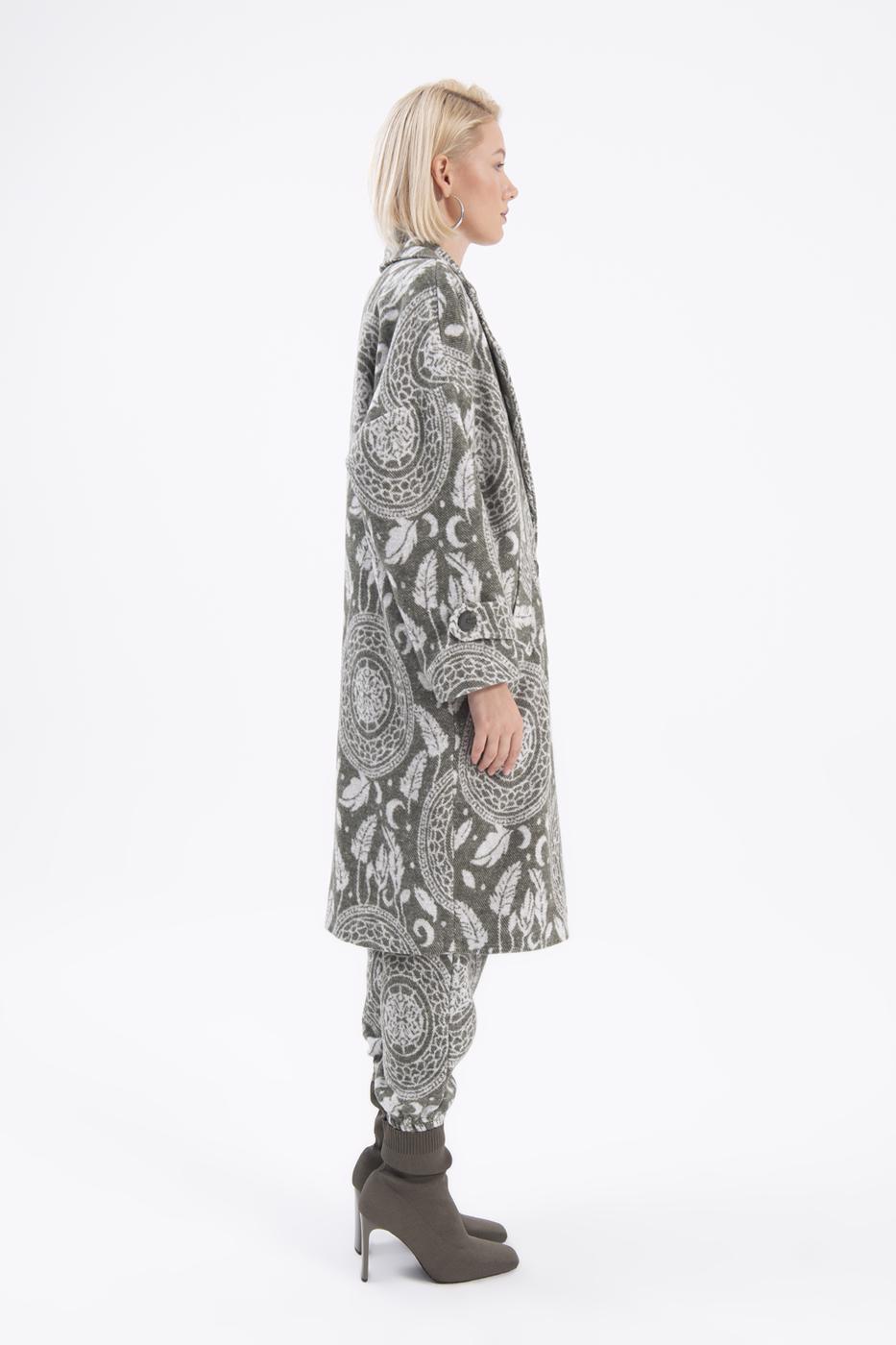 Bayan Haki Ceket Yakalı Desenli Kaban