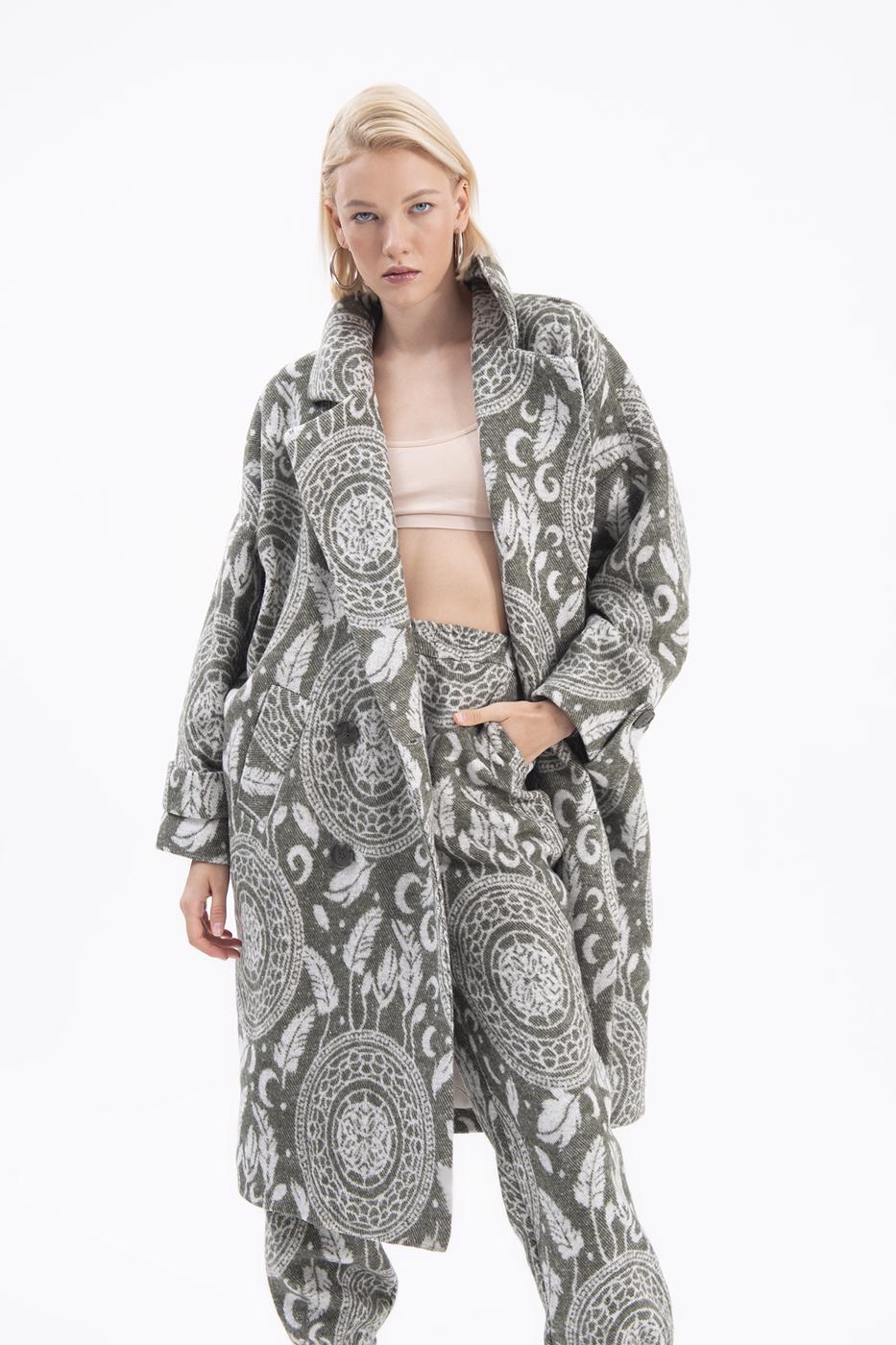 Bayan Haki Ceket Yakalı Desenli Kaban