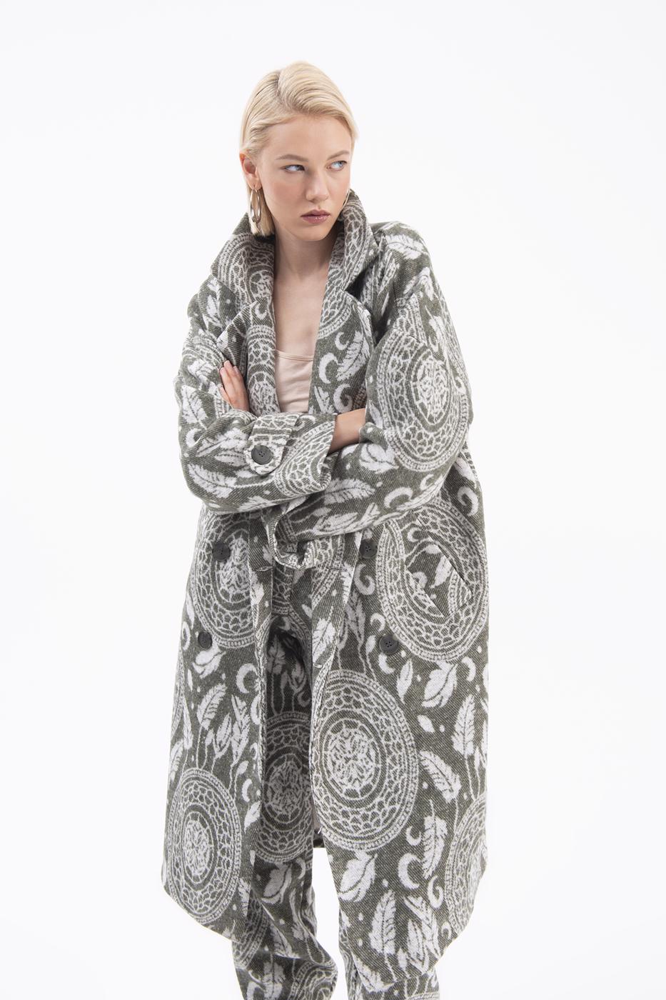 Bayan Haki Ceket Yakalı Desenli Kaban