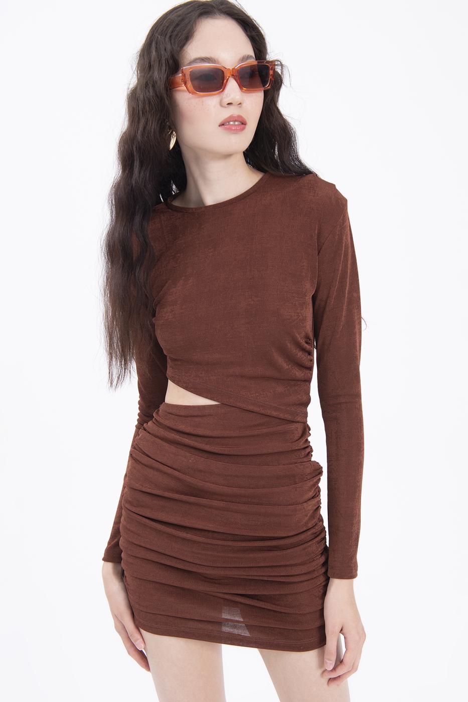Bayan Kahverengi Drapeli Mini Elbise