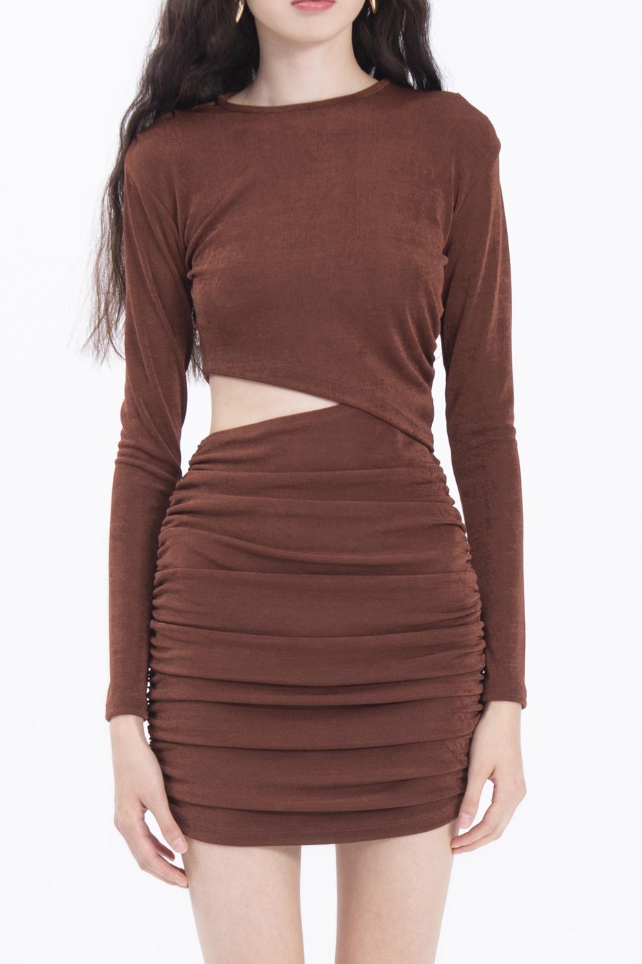 Bayan Kahverengi Drapeli Mini Elbise
